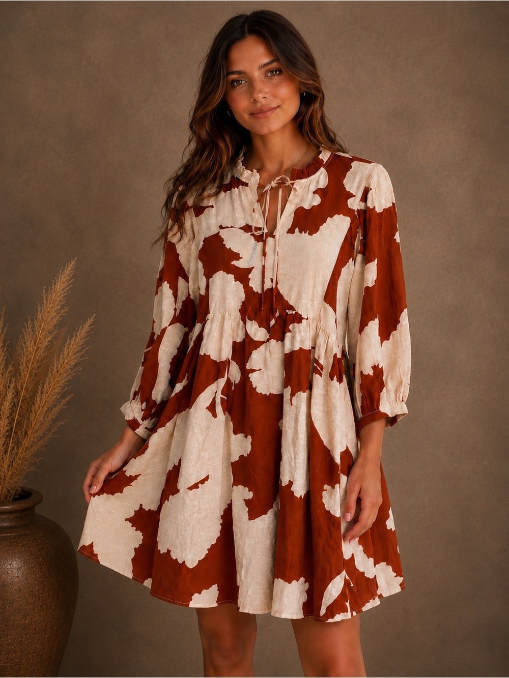 JODIFL Rust and Cream Abstract Babydoll Dress